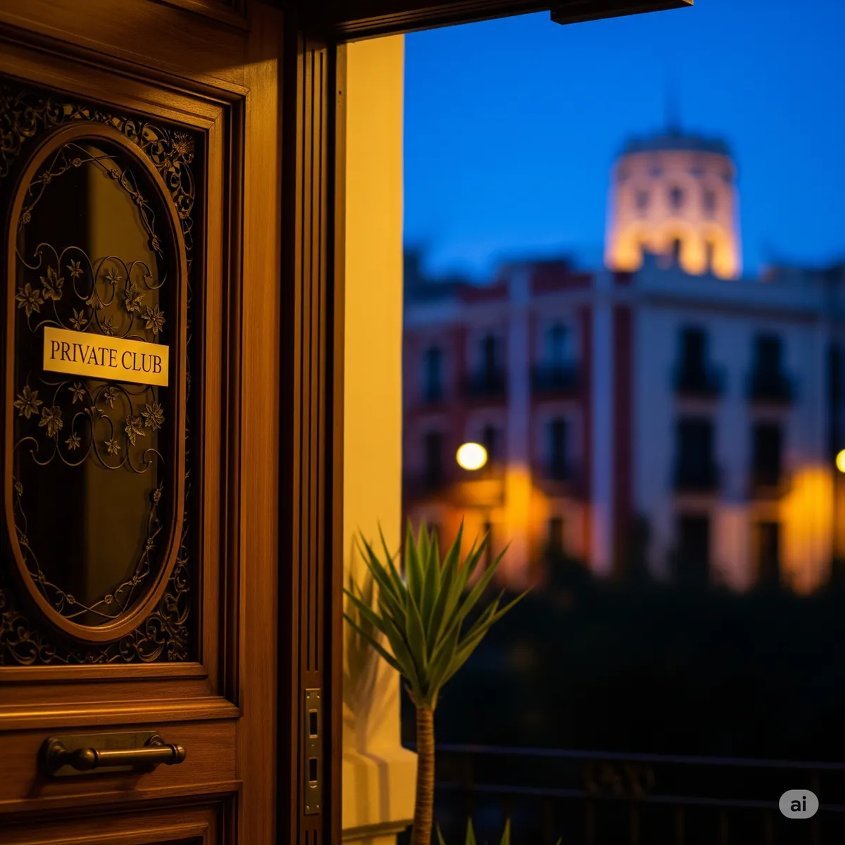 Porta aperta con vista su un edificio cittadino al crepuscolo