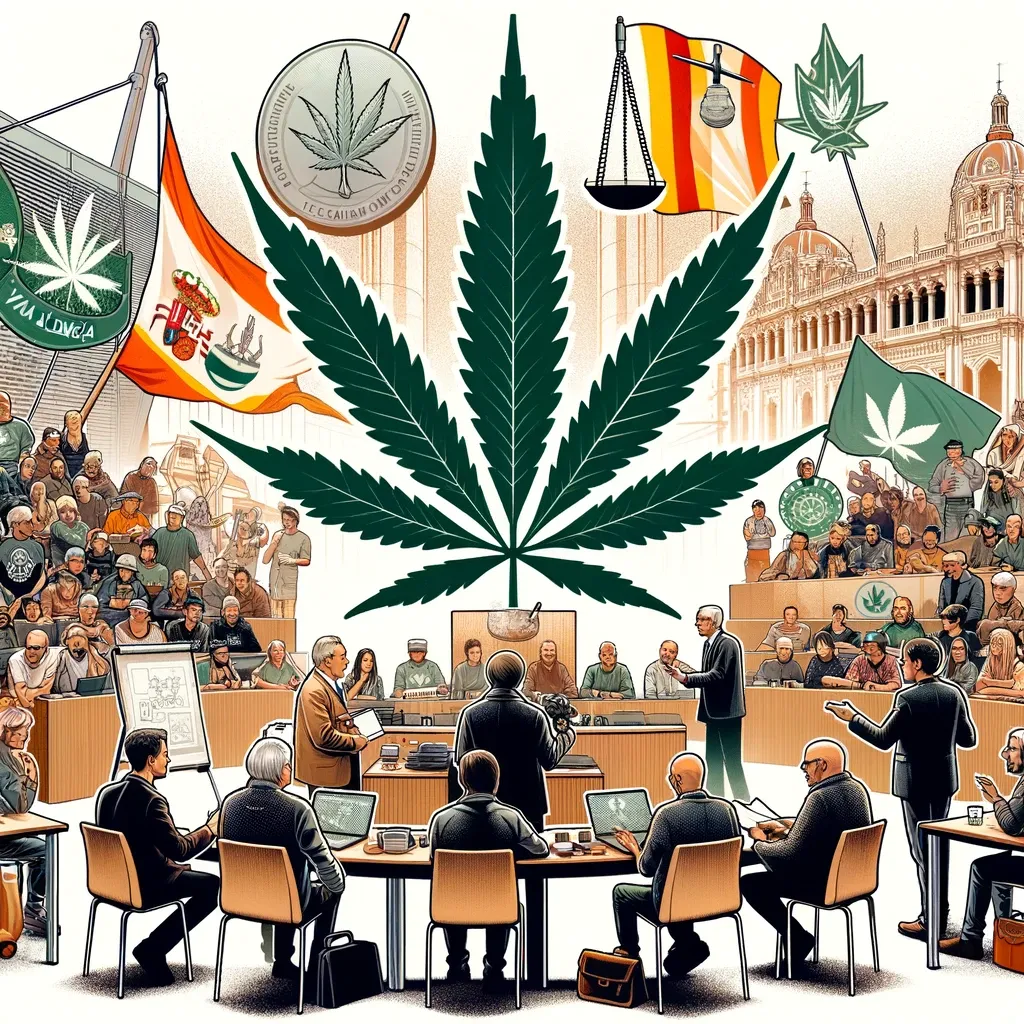 Illustrated civic debate with flags and a large cannabis leaf