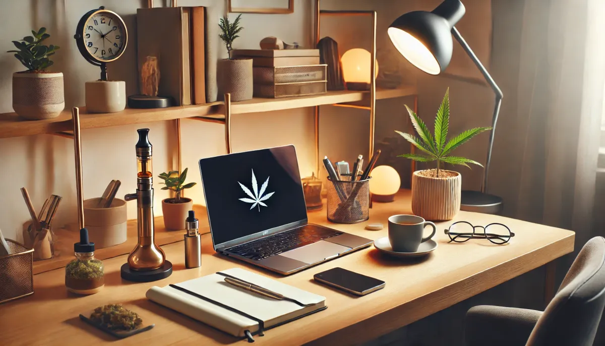 Desk with a laptop, cup, notebook and small bottles
