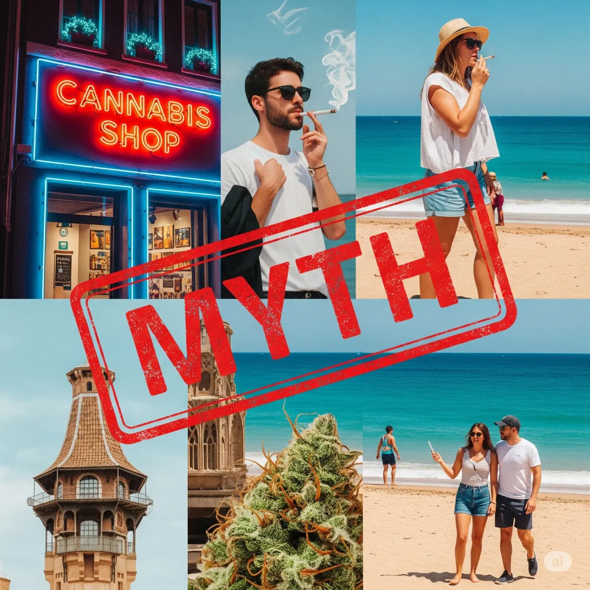 Immagini di viaggio e cannabis con la scritta Myth