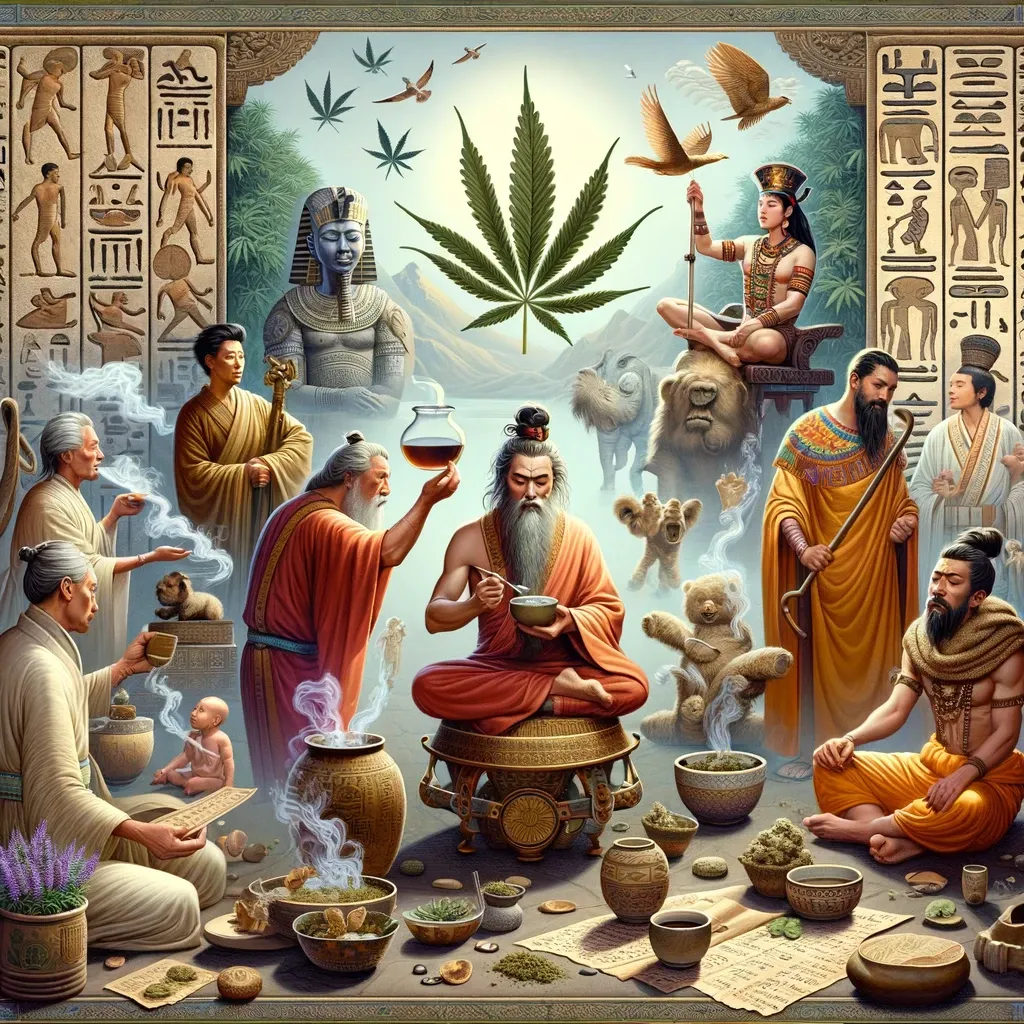 Antike Ritualszenen rund um ein Cannabisblatt