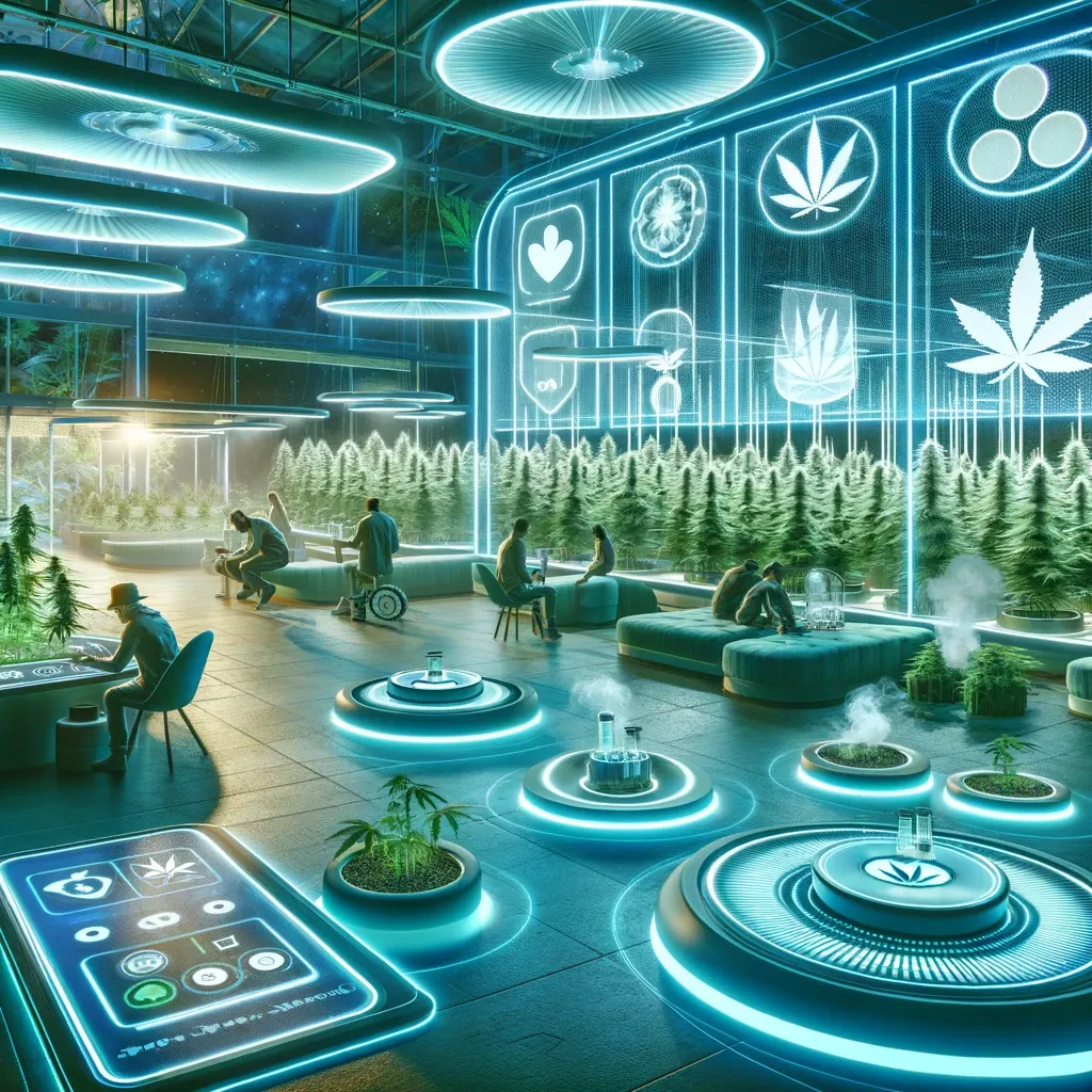 Futuristic illustrated interior with digital displays and plants