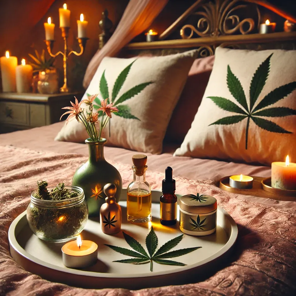 Bedroom illustration with candles, bottles and leaf-patterned cushions