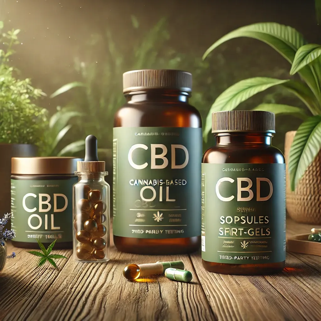 Illustrated containers labeled CBD oil and CBD capsules