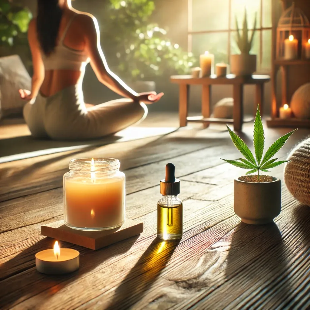 Meditation scene with candles and a dropper bottle