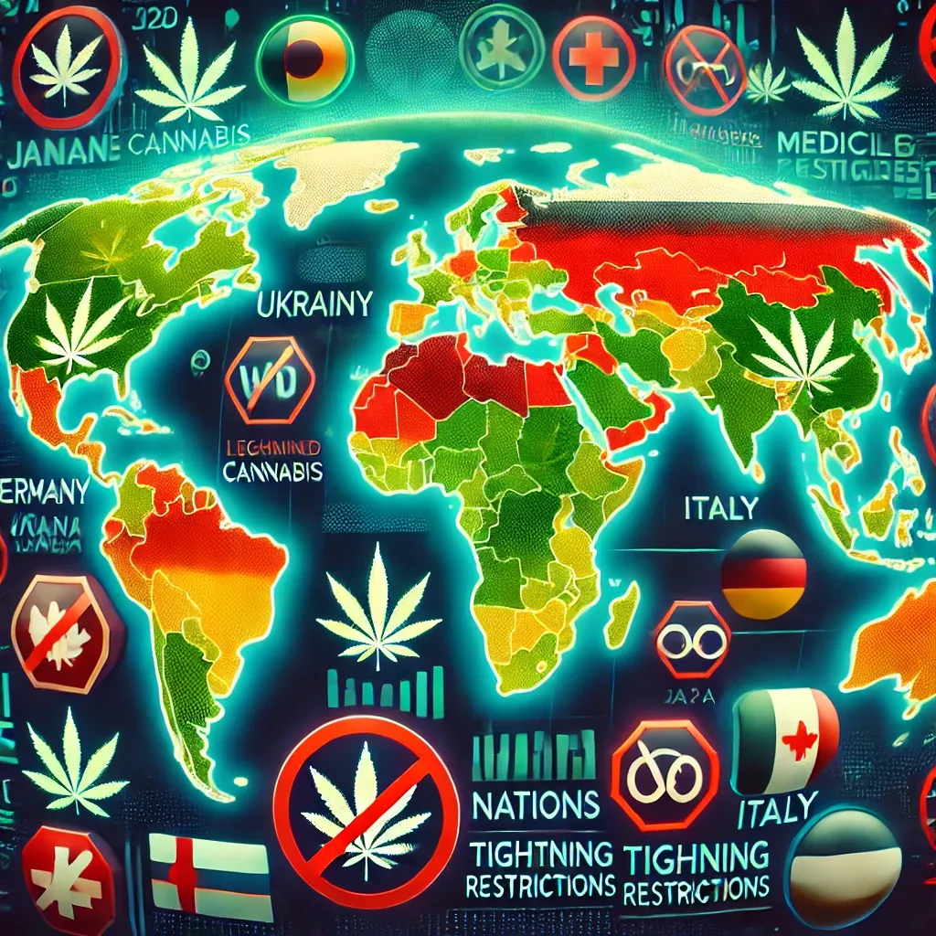 Mappa del mondo illustrata con simboli di cannabis e medicina