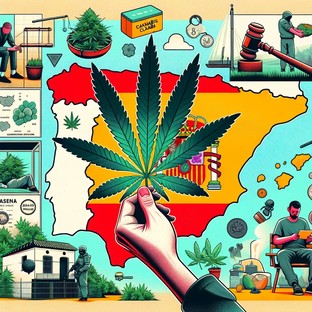 Mappa della Spagna circondata da simboli delle politiche sulla cannabis