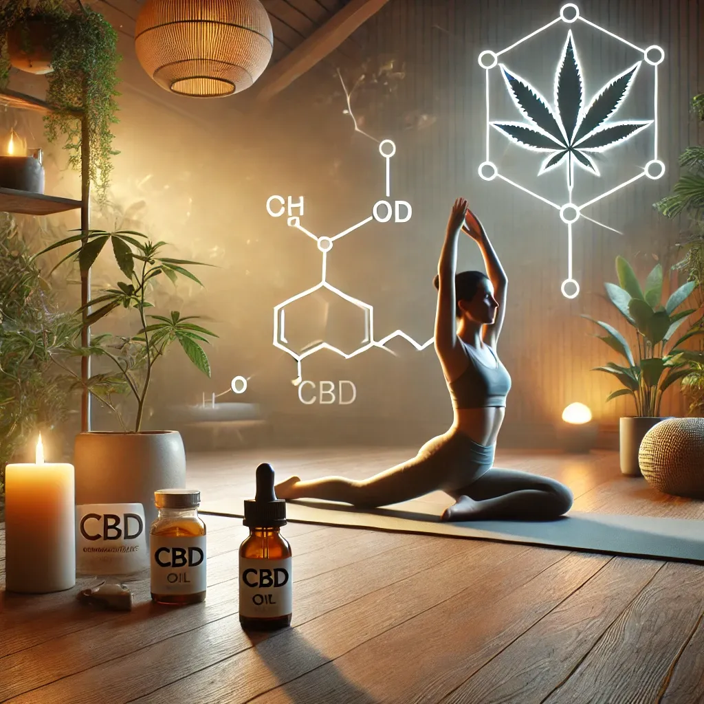 Yoga illustration with molecular symbols and bottles