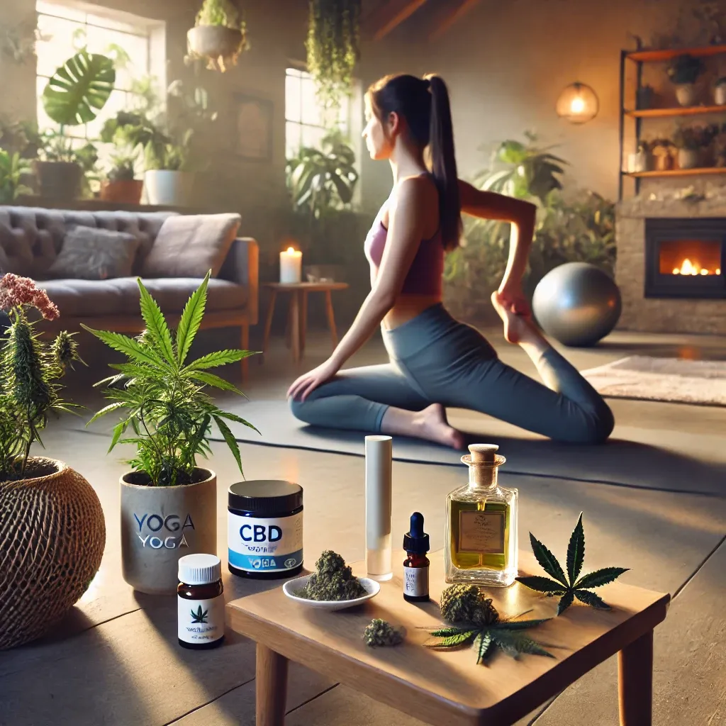 Yoga pose beside bottles and a cannabis plant
