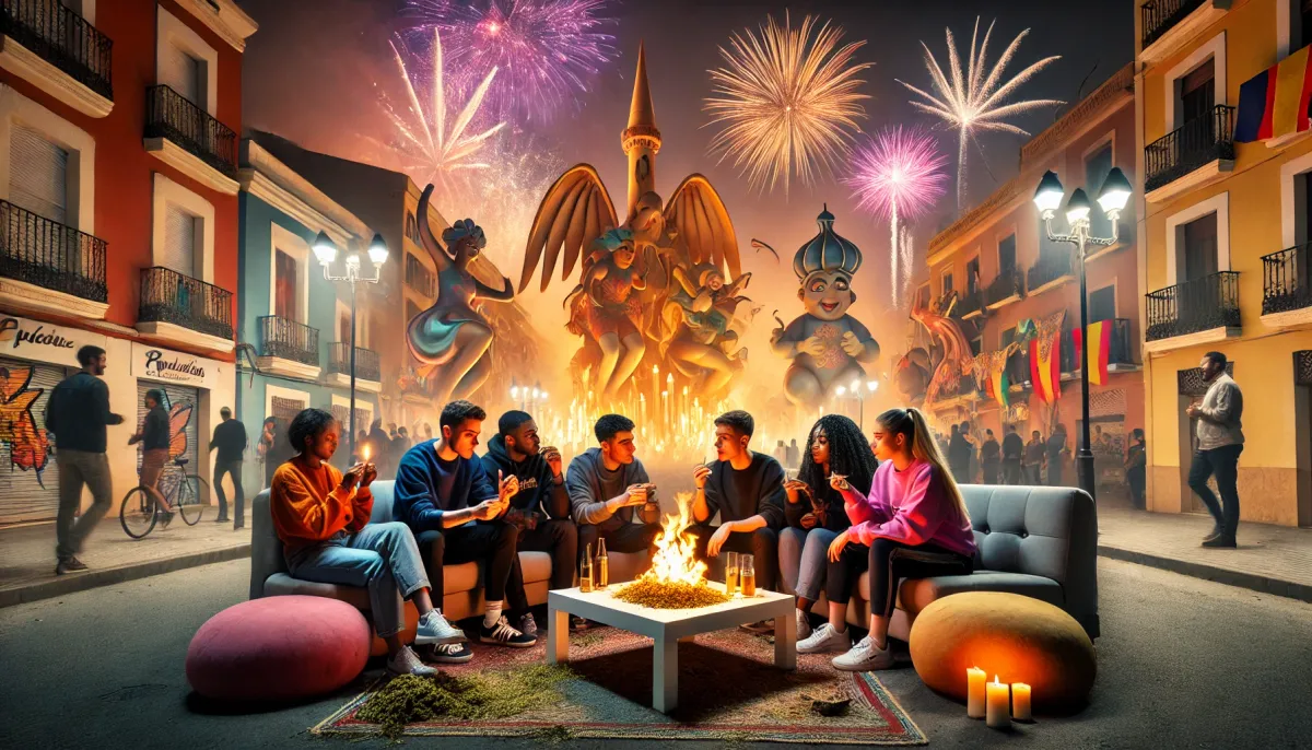 Illustrierte Straßenszene mit Festfiguren und Feuerwerk