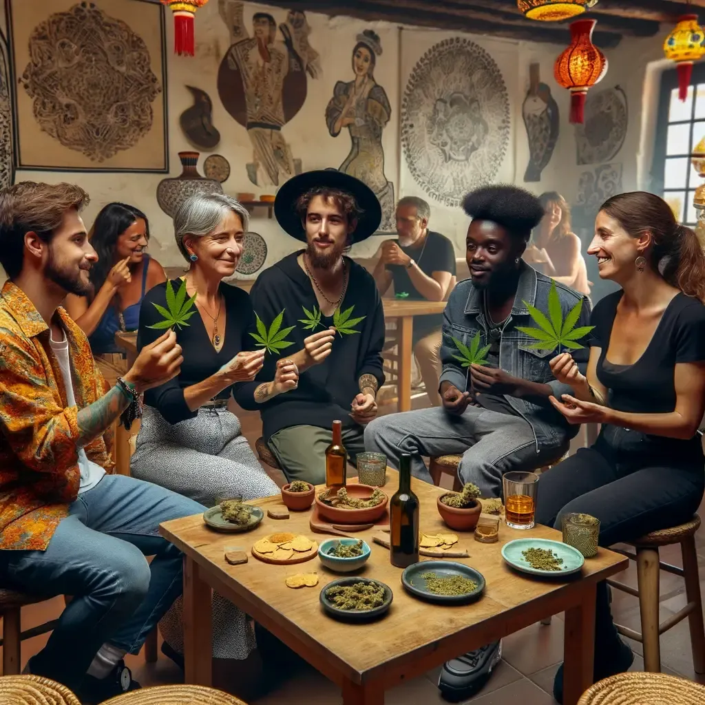 Illustrierte Gesprächsrunde an einem niedrigen Tisch