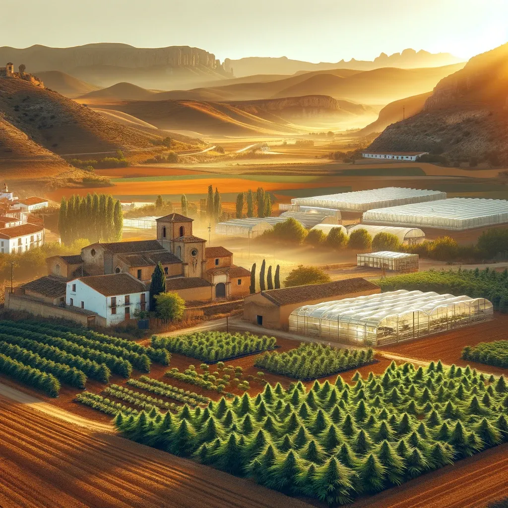 Illustrierte Agrarlandschaft mit Feldern und Gewächshäusern