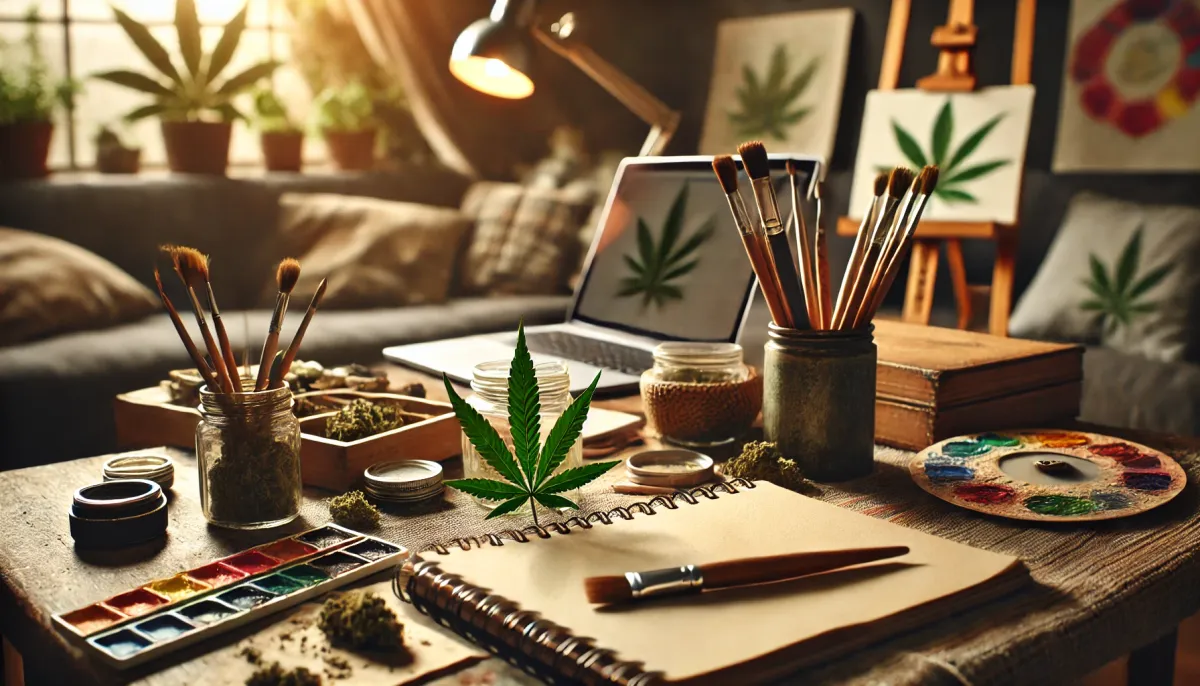 Artist’s desk with brushes, paints and a cannabis leaf