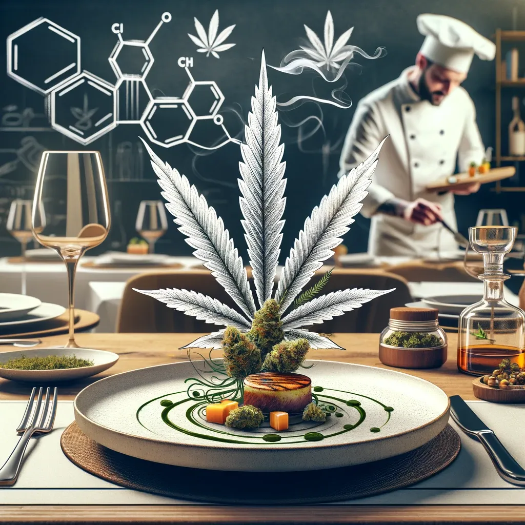 Koch, angerichtetes Essen und ein gezeichnetes Cannabisblatt