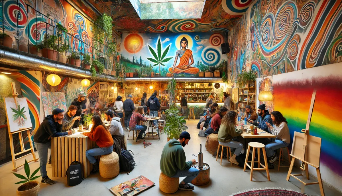 Bunte Lounge mit Wandbildern und Gästen an Tischen
