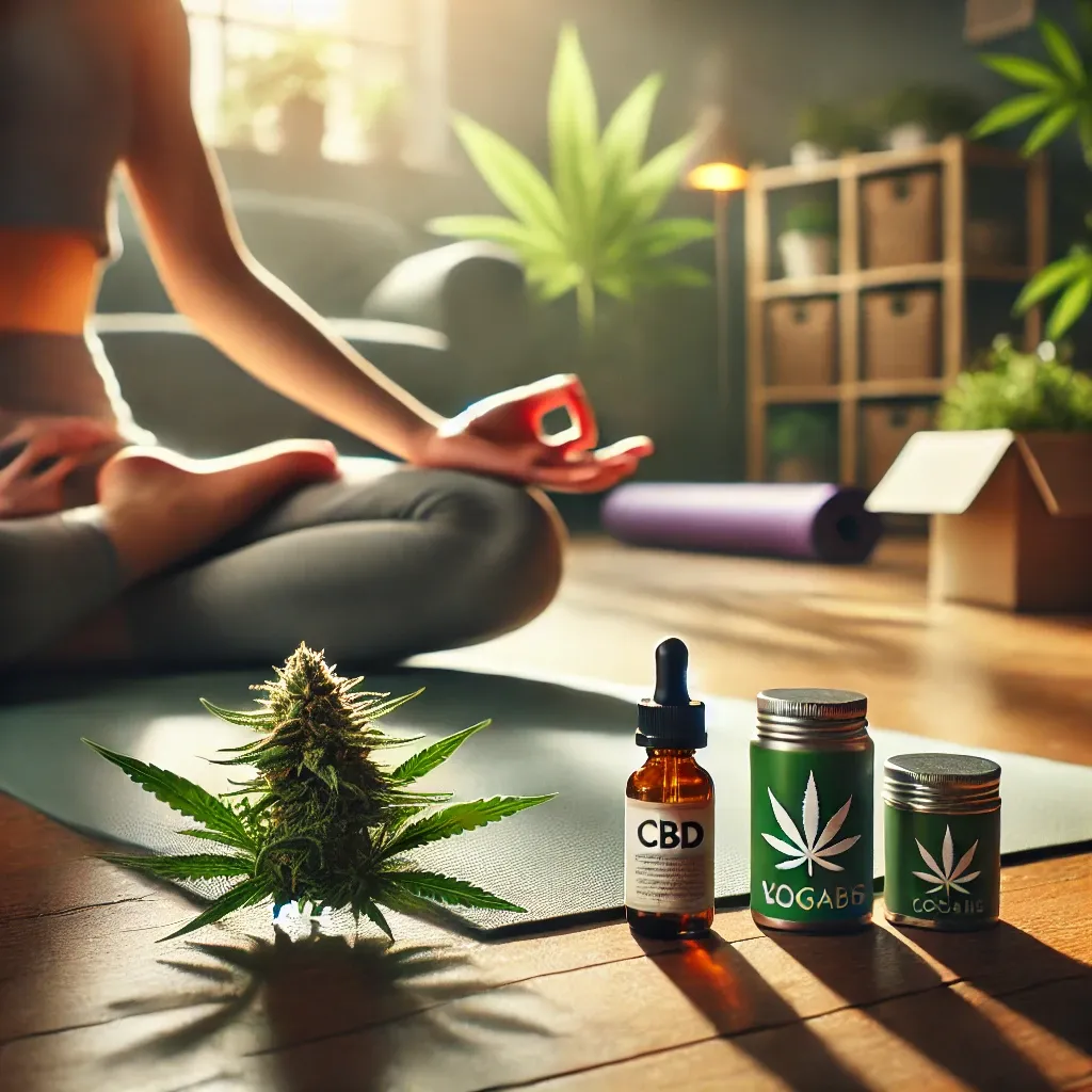 Meditation illustration with small bottles and a plant