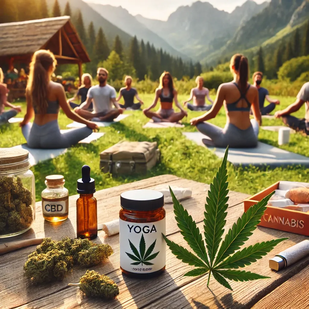 Illustrierte Yogagruppe im Freien vor einer Berglandschaft