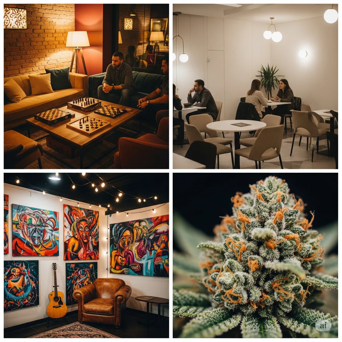 Collage of lounge interiors, artwork and a cannabis flower