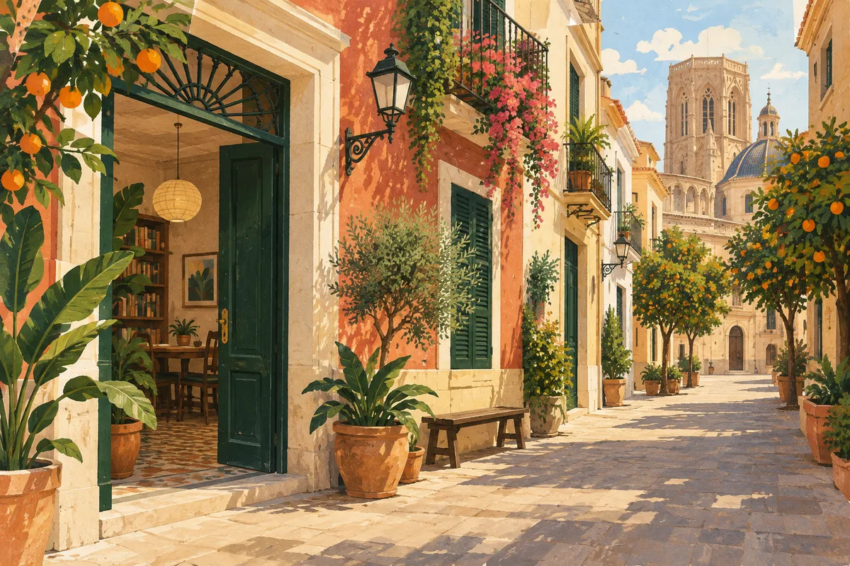 Valencia street with orange trees and a green doorway
