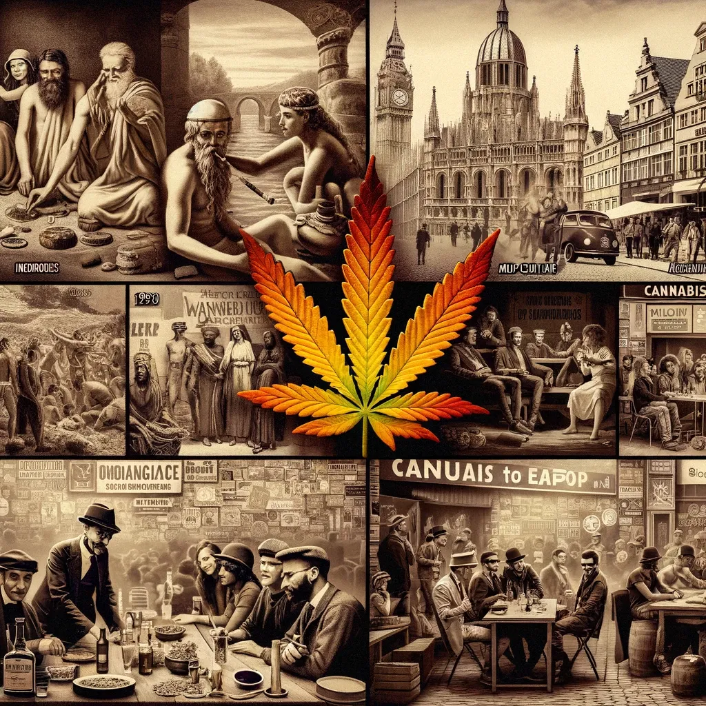 Collage storico di persone e architettura attorno a una foglia di cannabis