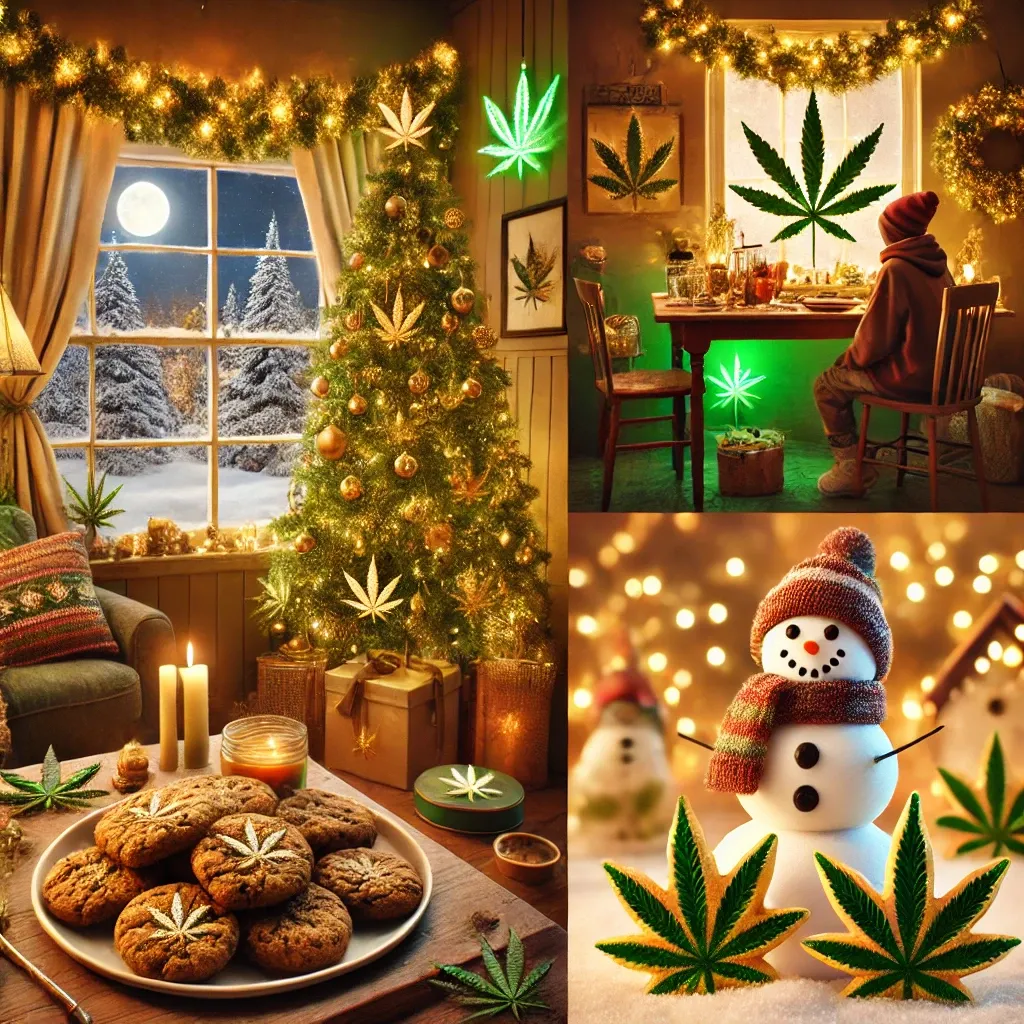 Festlicher Raum mit geschmücktem Baum und Cannabismotiven