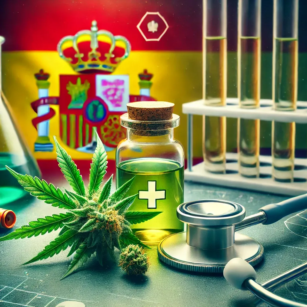 Medical imagery with a Spanish flag and cannabis leaf