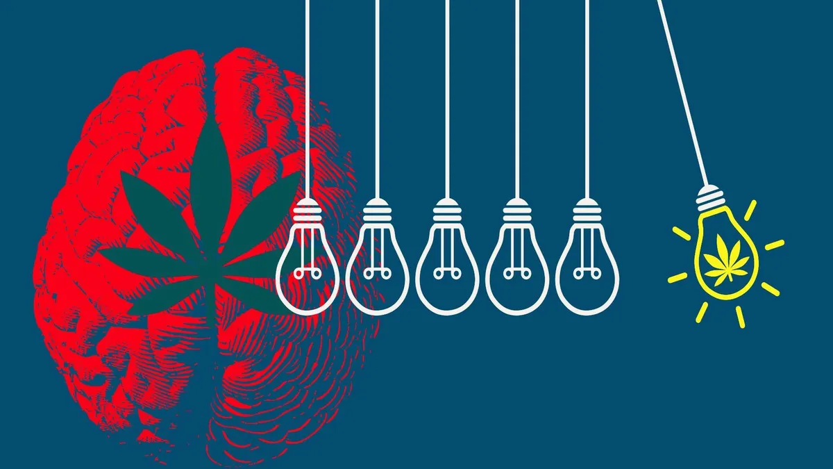 Gehirnsilhouette mit Cannabisblatt und hängenden Glühbirnen