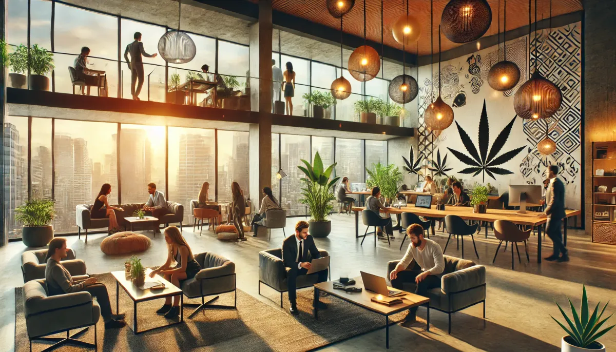Illustrated lounge with large windows and seating areas