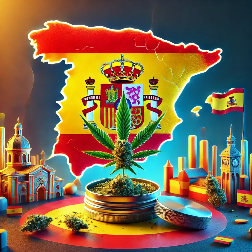 Mappa colorata della Spagna con foglia di cannabis e monete