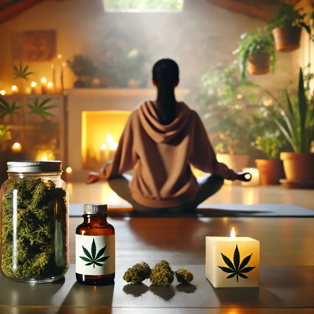 Seated meditation, candles and a bottle beside a cannabis leaf