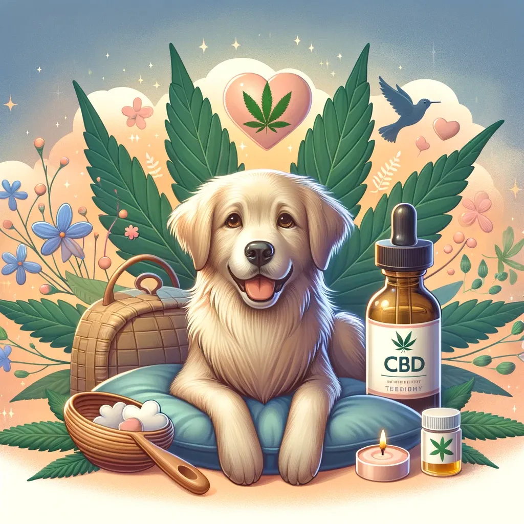 Illustrated dog beside a CBD bottle and pet bowl
