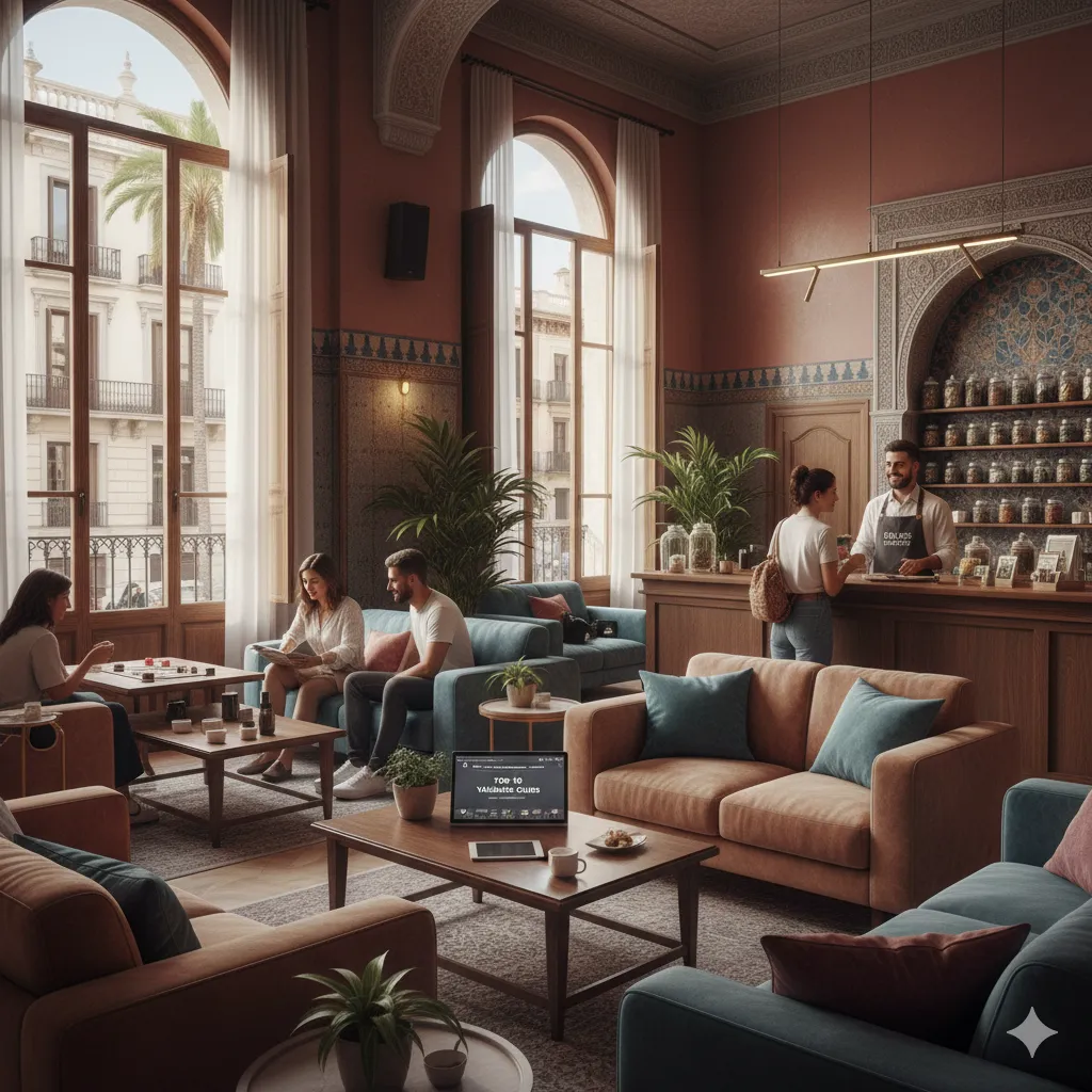 Salotto elegante illustrato con divani e finestre alte