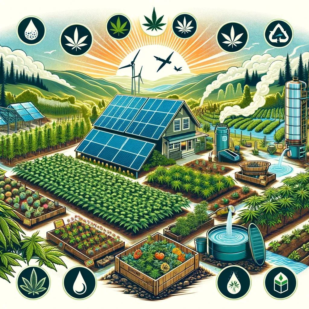 Illustrated farm with solar panels and sustainability symbols