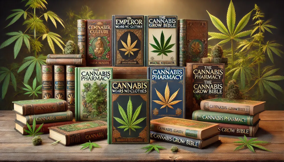 Illustrierte Sammlung von Büchern zum Thema Cannabis