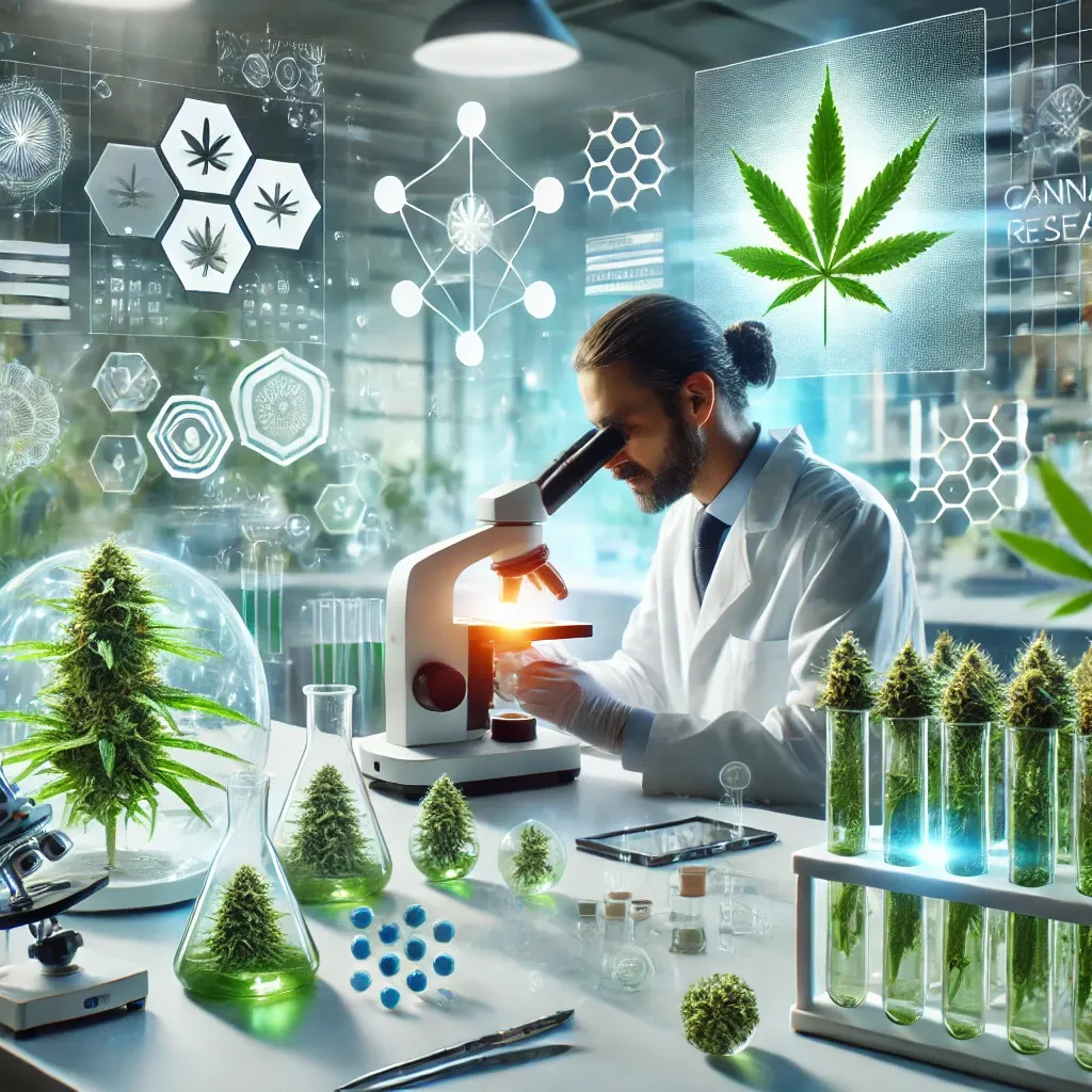 Illustrated researcher using a microscope beside plants