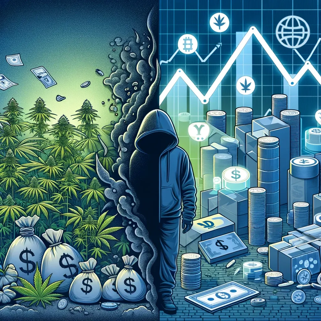 Grafico finanziario illustrato accanto a una figura incappucciata e piante