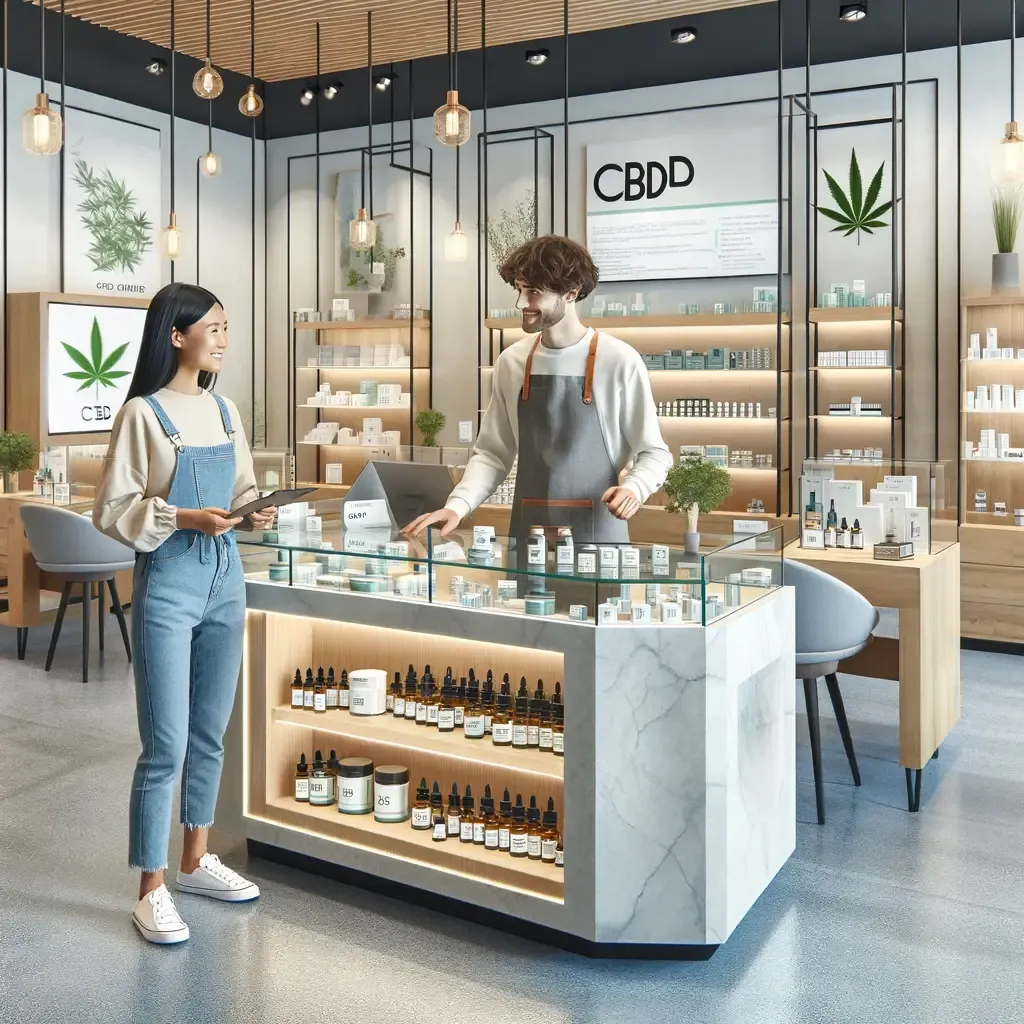 Interno commerciale illustrato con prodotti etichettati CBD