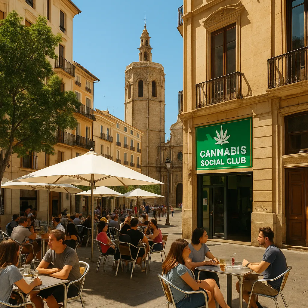 Illustrierte Straße in Valencia mit Cafétischen und grünem Vereinsschild