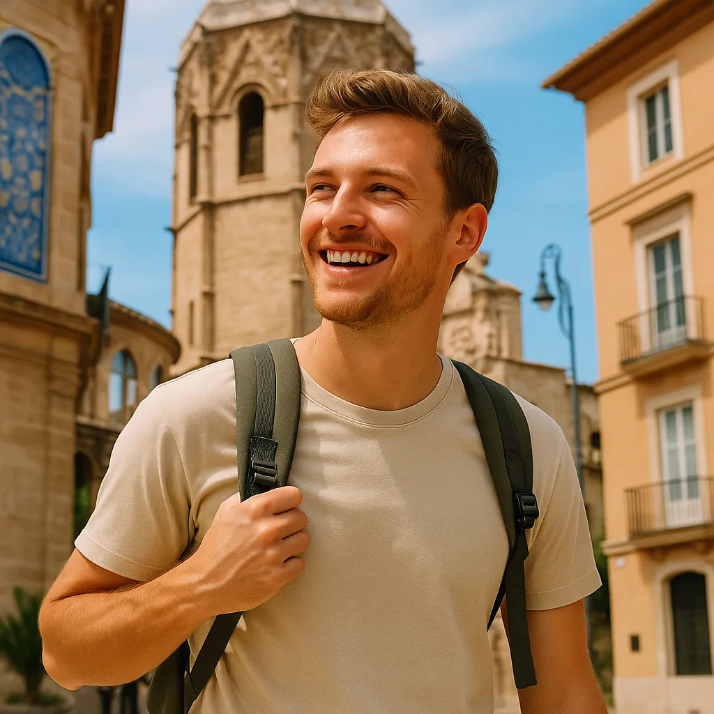 Illustrierter Besucher mit Rucksack in einer historischen spanischen Straße