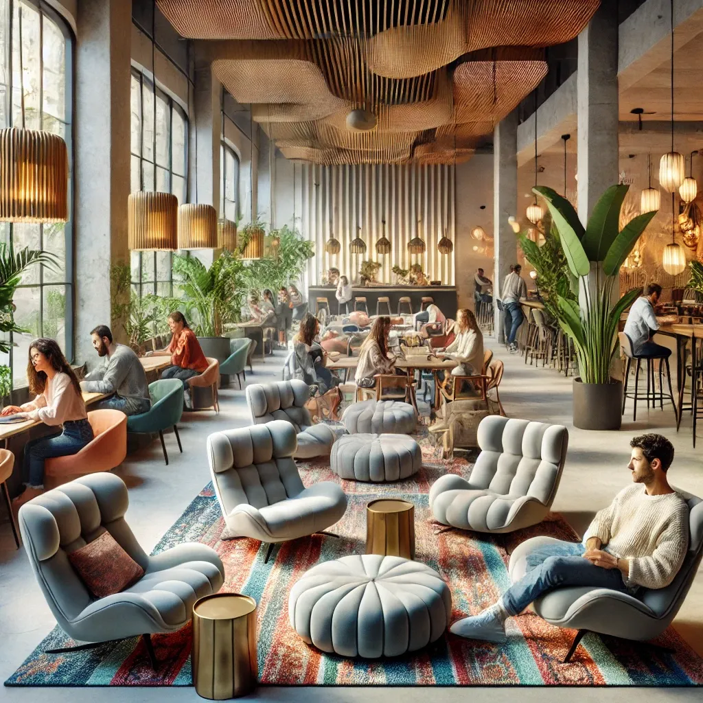 Spacious illustrated lounge with sofas and visitors