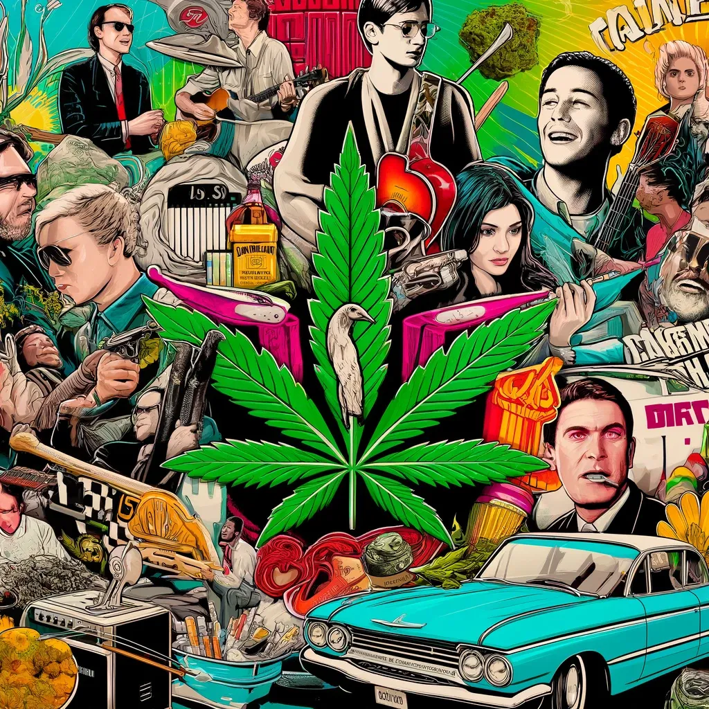 Collage aus Popkultur-Porträts, Autos und Cannabisblatt