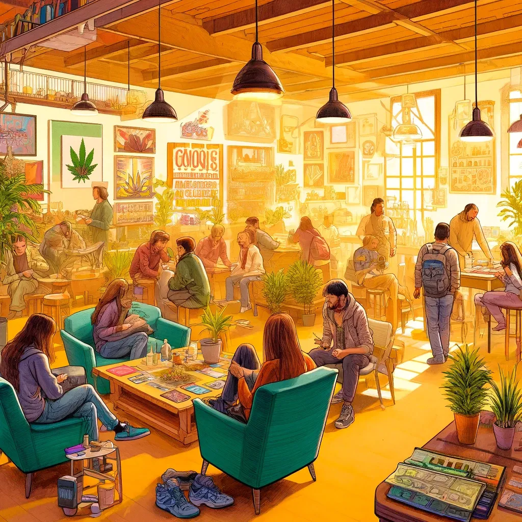Illustrated lounge with orange chairs and visitors talking