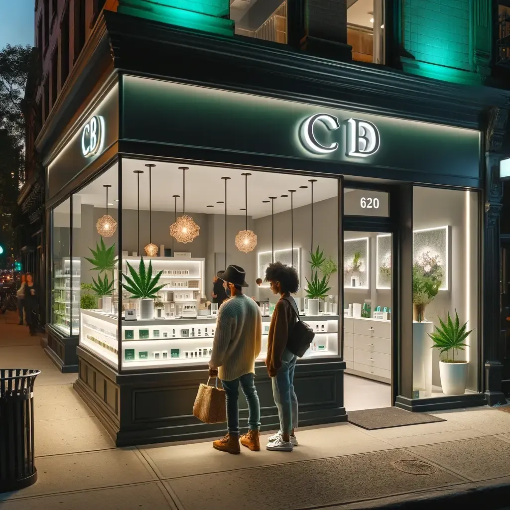 Negozio CBD illustrato con persone all’ingresso