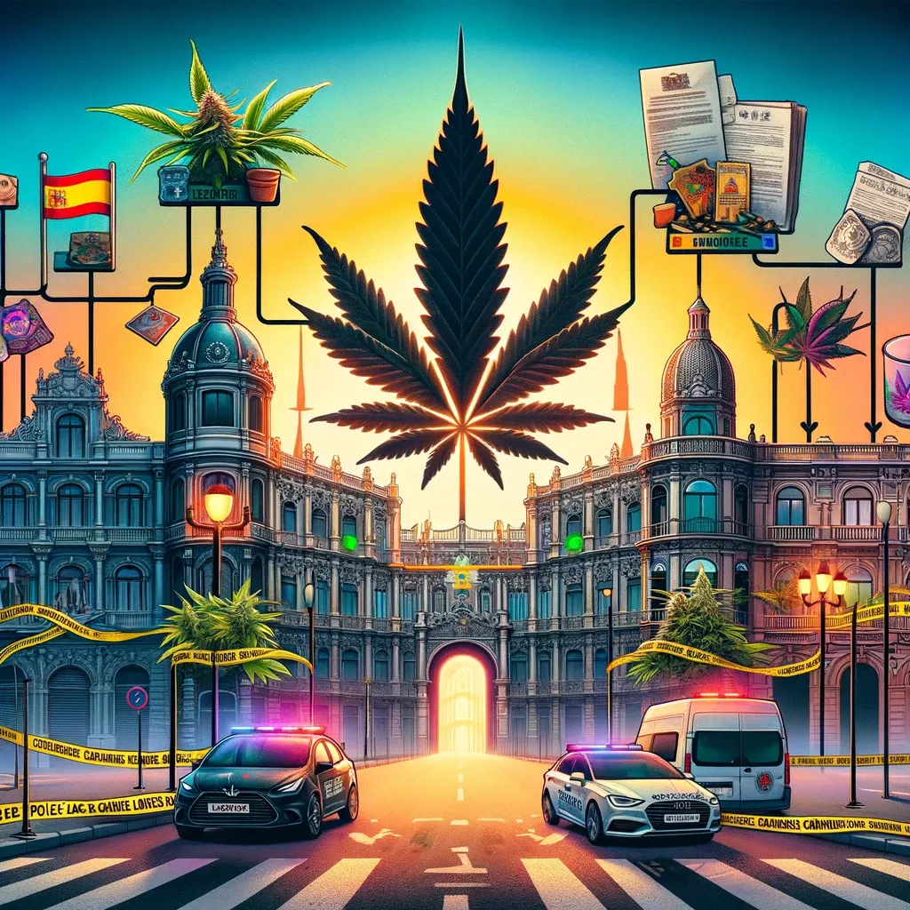 Scena urbana illustrata con una foglia di cannabis al centro