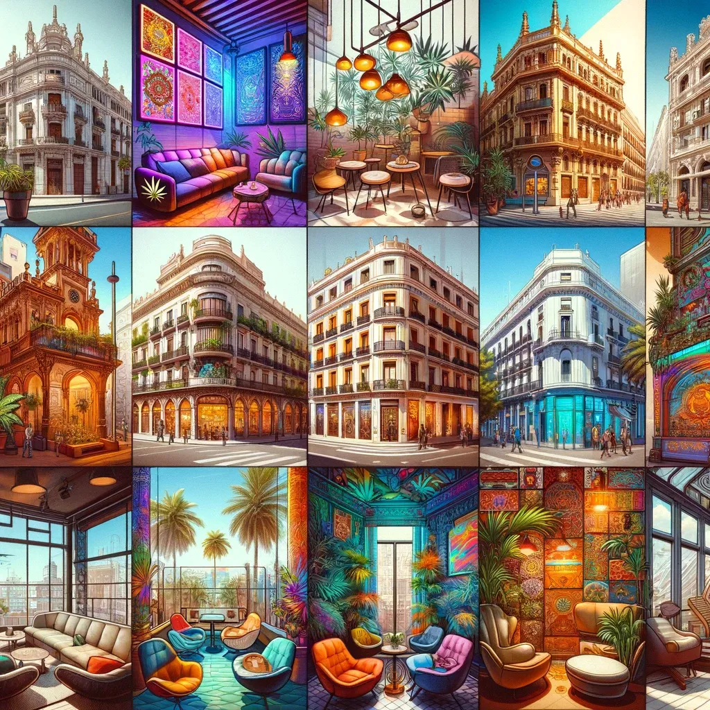 Colorful collage of city architecture and interiors