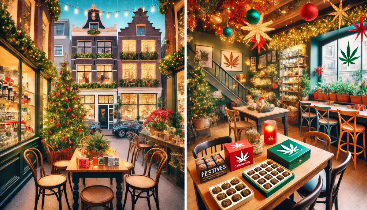 Illustrierte Laden- und Lounge-Szenen mit festlicher Dekoration