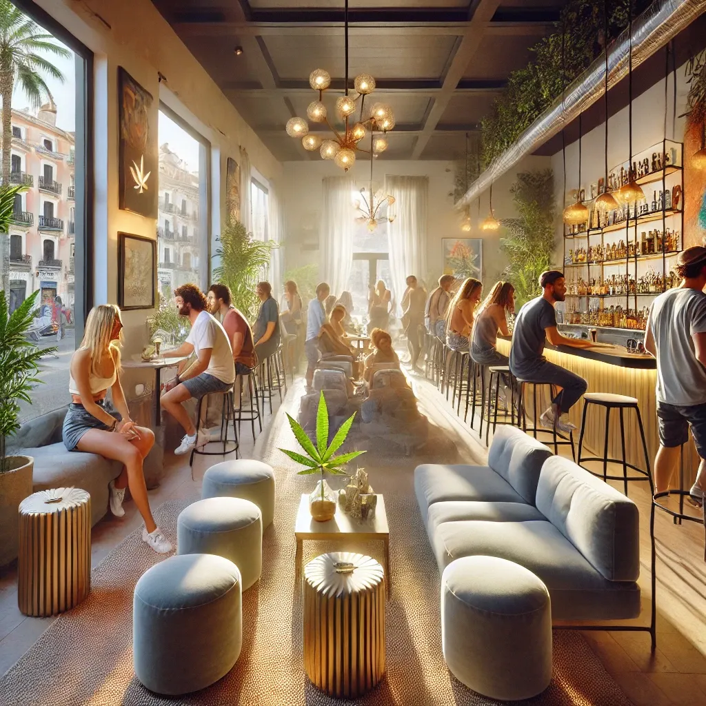 Illustrated café-style lounge with stools and large windows