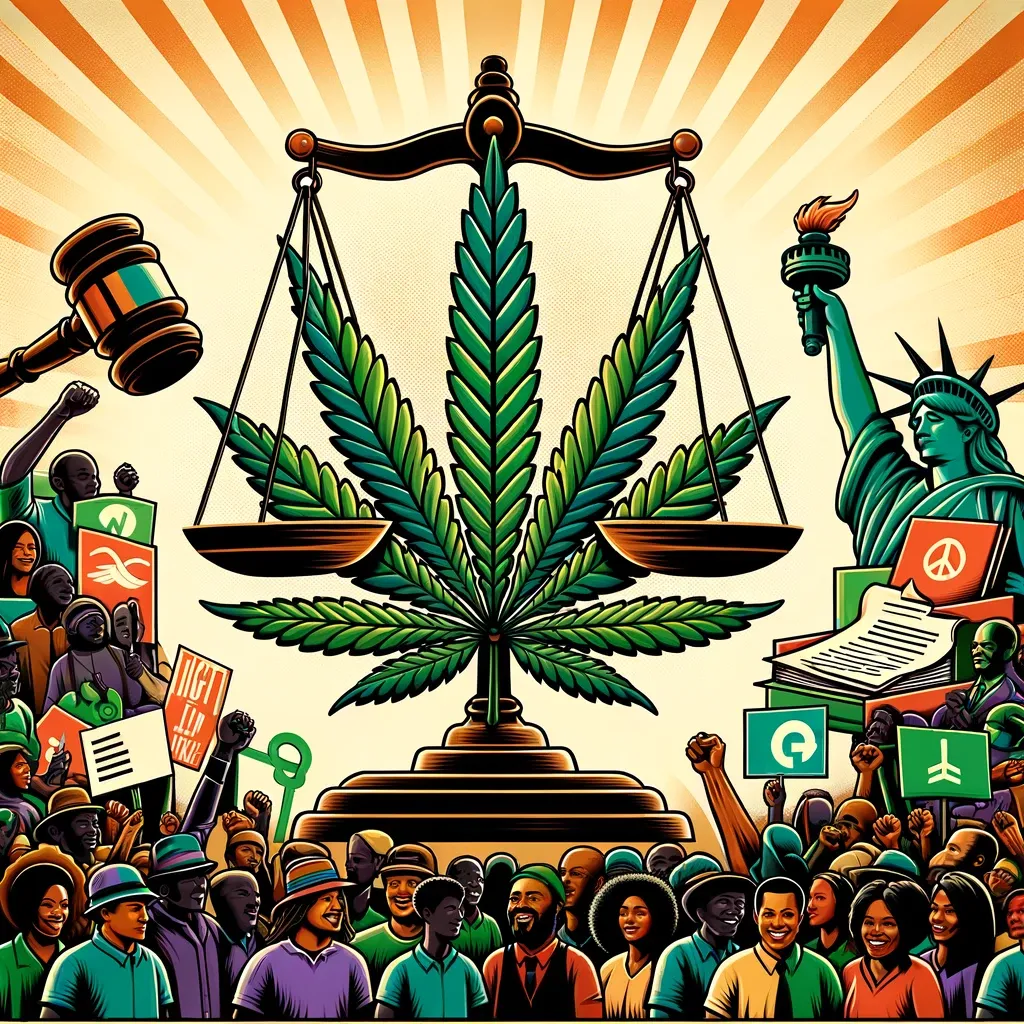 Bilancia della giustizia, martelletto e foglia di cannabis illustrati