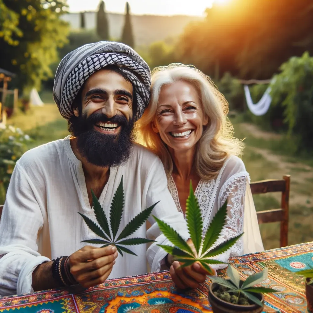 Coppia sorridente illustrata a un tavolo all’aperto