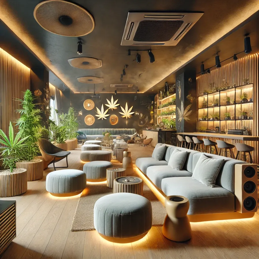 Modern lounge illustration with gray chairs and warm lighting